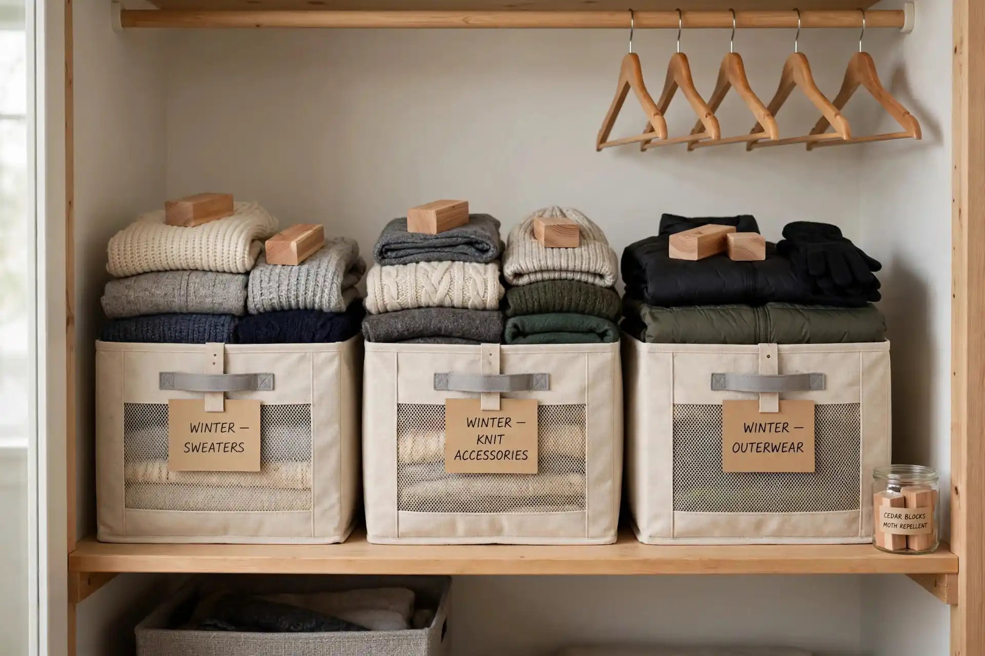 Folded winter clothes in breathable storage bins with cedar blocks