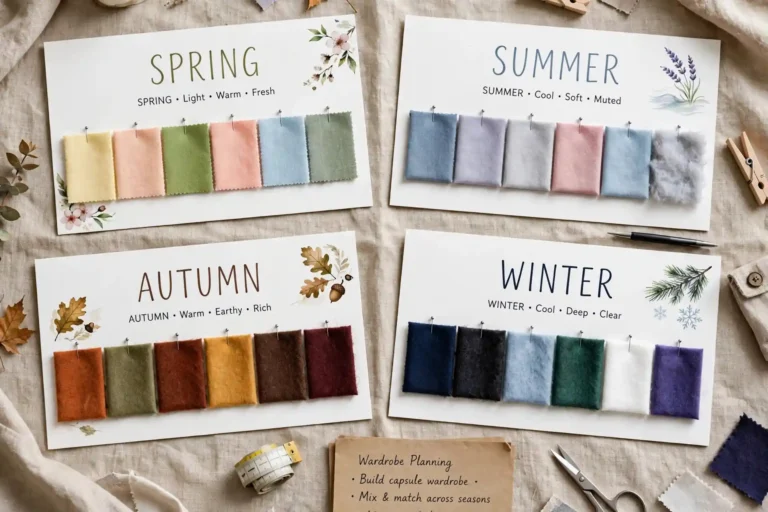 Four seasonal color palette swatch cards for wardrobe planning