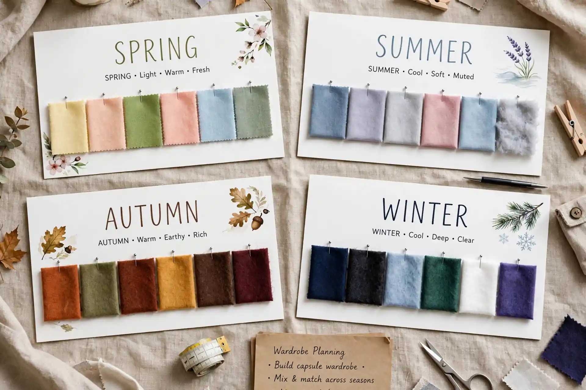 Four seasonal color palette swatch cards for wardrobe planning