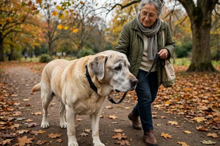 Elderly gray-muzzled dog walking slowly on a park path with its owner