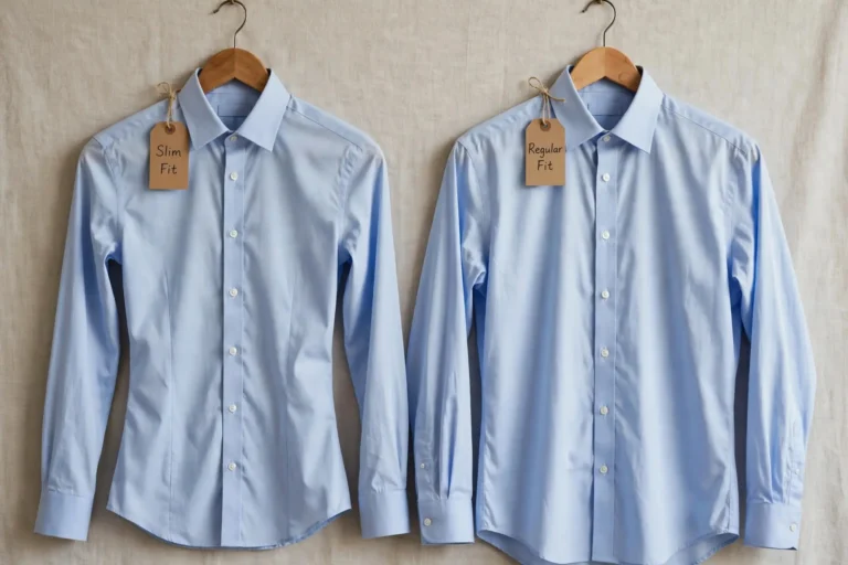 Slim fit and regular fit dress shirts side by side on hangers