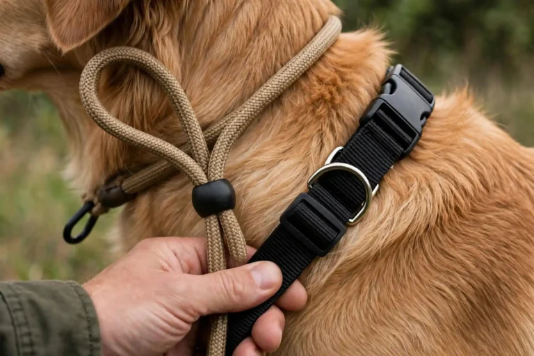 Slip lead and regular flat collar held side by side for comparison