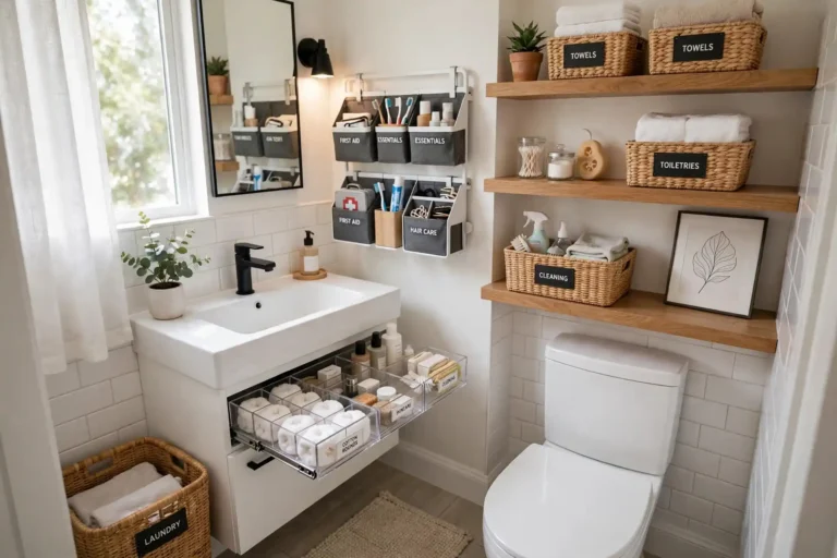 Organized small bathroom with floating shelves and labeled baskets