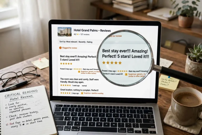 Laptop showing hotel reviews with a magnifying glass over the text
