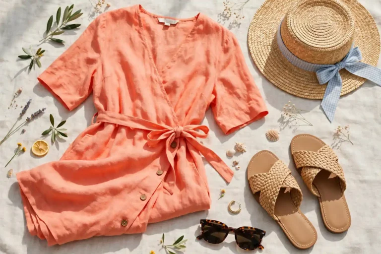 Summer outfit flat lay with linen dress, sandals and straw hat