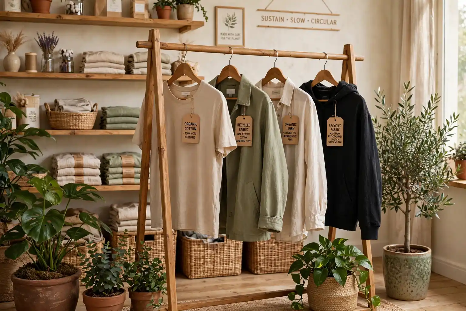 Eco-friendly clothing rack with organic garments and green plants