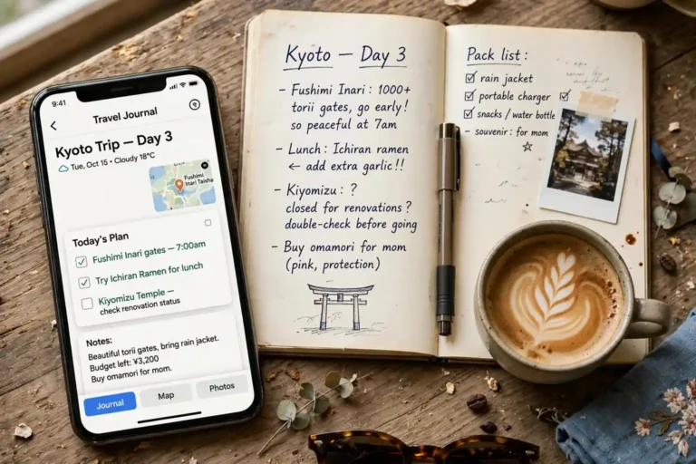 Smartphone with travel journal app beside a handwritten paper notebook