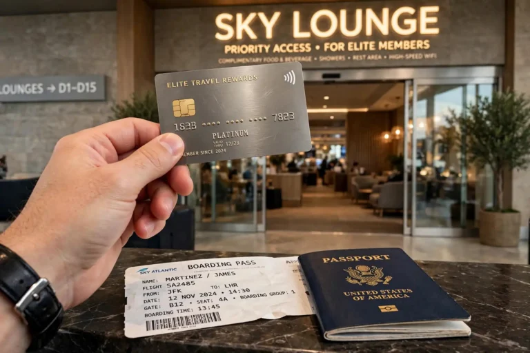 Premium travel credit card held above an airport lounge entrance