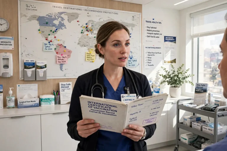 Nurse holding a vaccination record booklet in a travel clinic