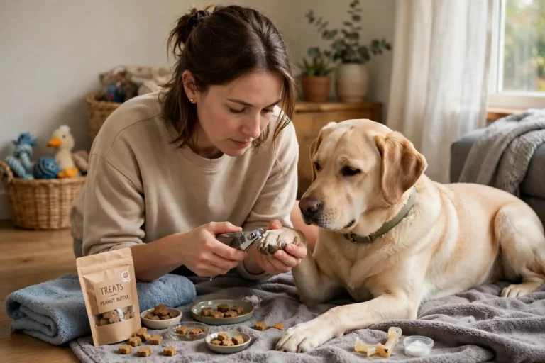 Person carefully trimming a calm dog's nails with pet clippers