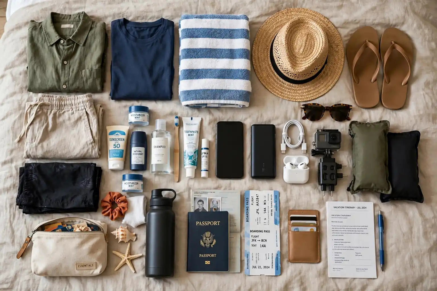 Comprehensive vacation packing flat lay with clothes and travel gear