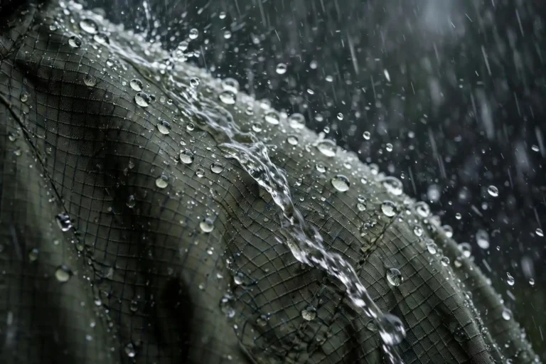 Water droplets beading on a waterproof rain jacket in heavy rain