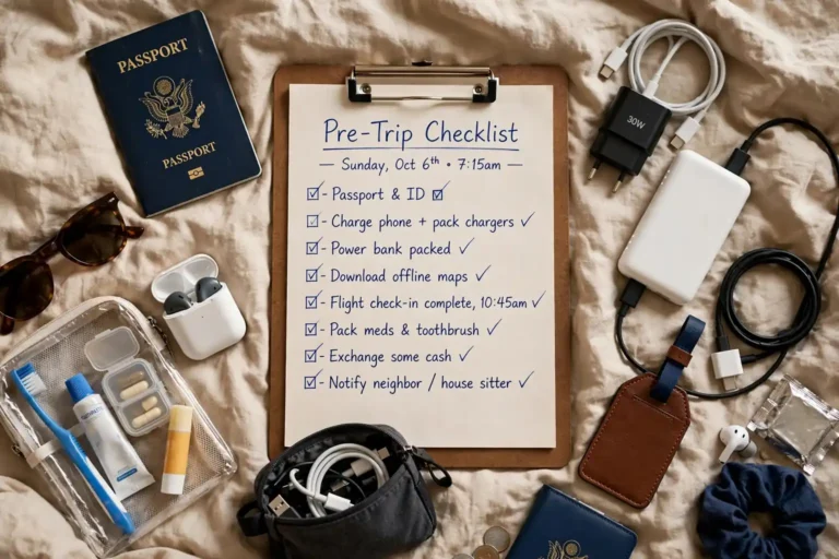 Pre-trip checklist on a clipboard surrounded by travel essentials