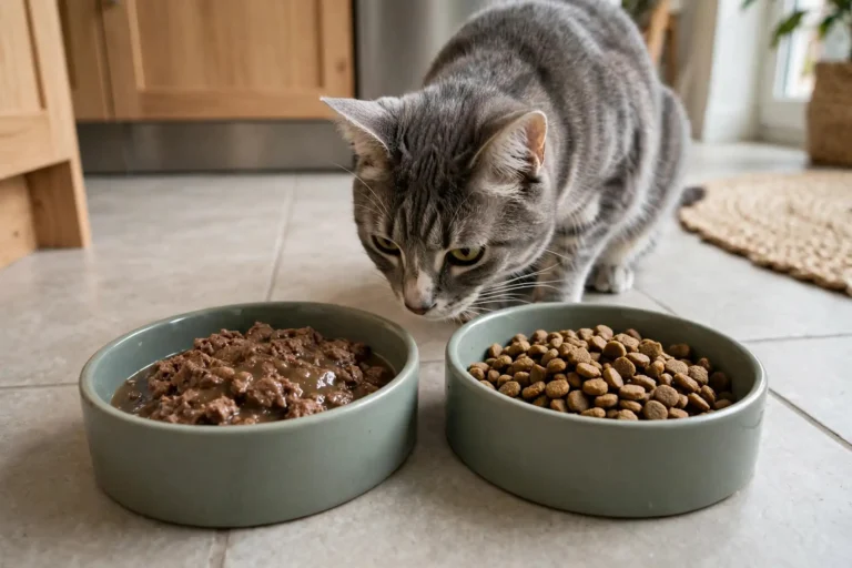 Two pet food bowls with wet food and dry kibble side by side