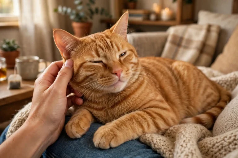 Relaxed cat purring while being petted on a person's lap
