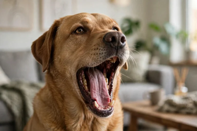 Close-up of a dog mid-yawn with expressive eyes in a living room
