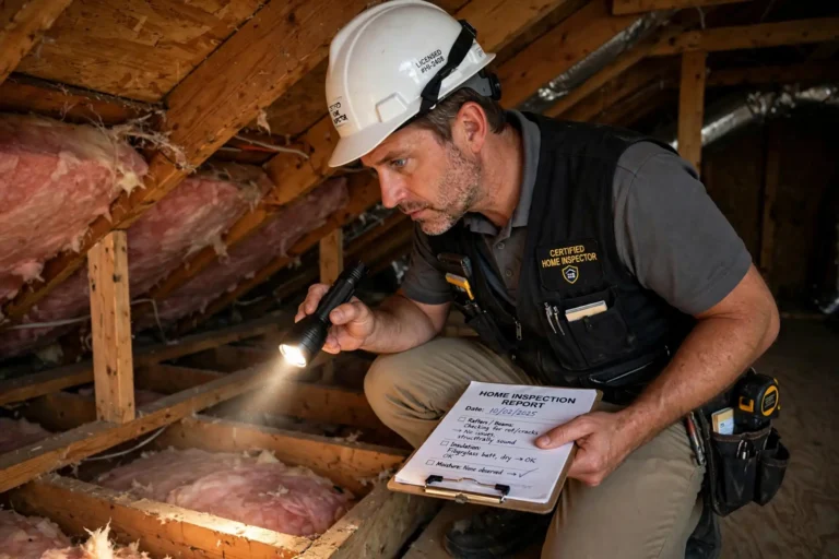 Home inspector examining an attic with a flashlight and clipboard