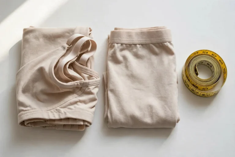 Measuring tape coiled beside folded undergarments for bra fitting