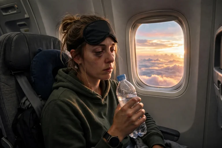 Tired traveler with an eye mask by an airplane window at sunrise