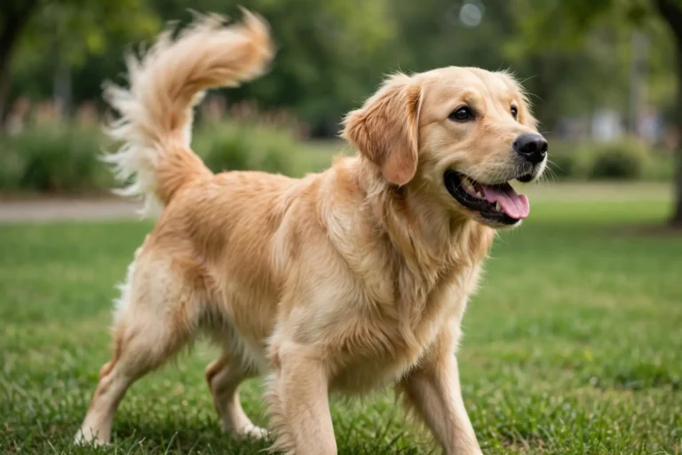 Dog with its tail raised and wagging in a sunny park