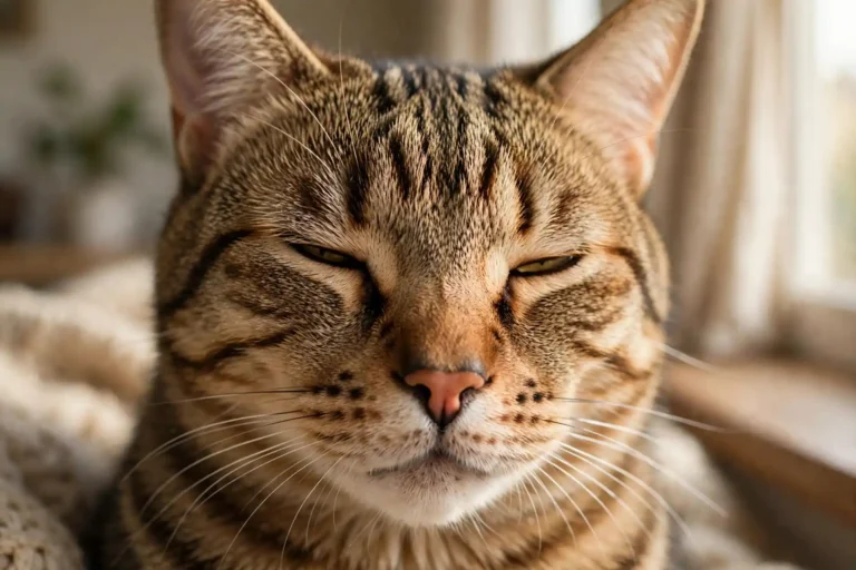 Close-up of a tabby cat giving a slow blink in soft window light