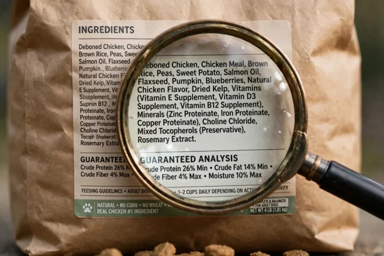 Close-up of a dog food ingredient label viewed through a magnifying glass