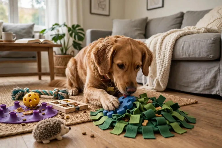 Dog playing with a puzzle enrichment toy and snuffle mat