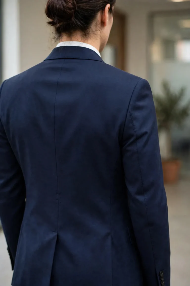 Back view of a well-fitted blazer with clean shoulder lines