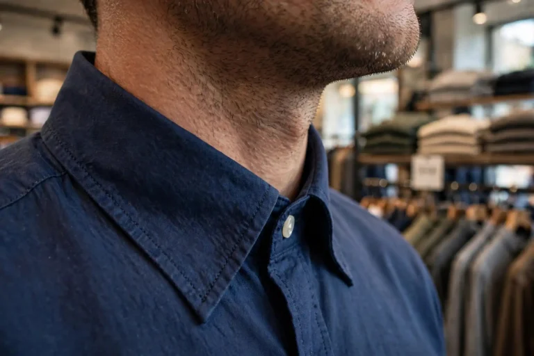 Close-up of a well-fitted button-down shirt collar with no gaping
