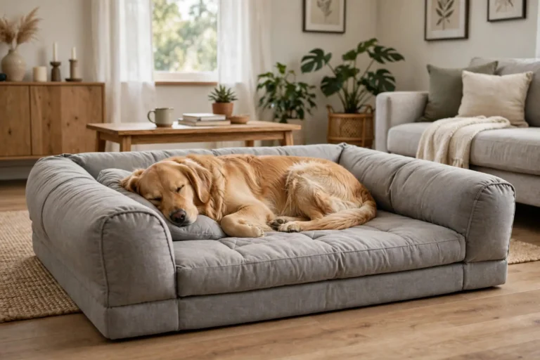 Dog sleeping comfortably on a large orthopedic dog bed