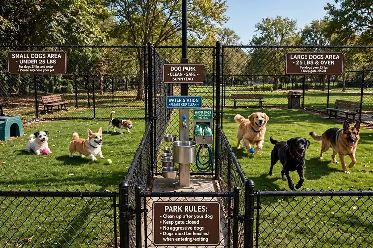Fenced dog park with dogs playing on green grass in separate areas