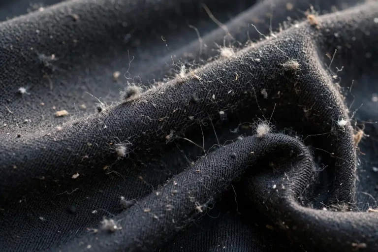 Synthetic dress clinging with static electricity and lint