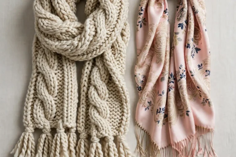 Thick knit wool scarf beside a thin decorative silk scarf