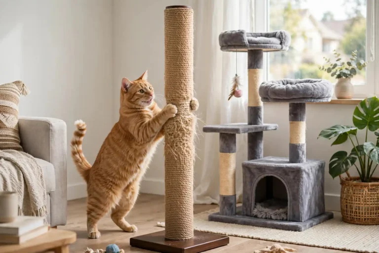 Cat happily scratching a tall sturdy sisal scratching post