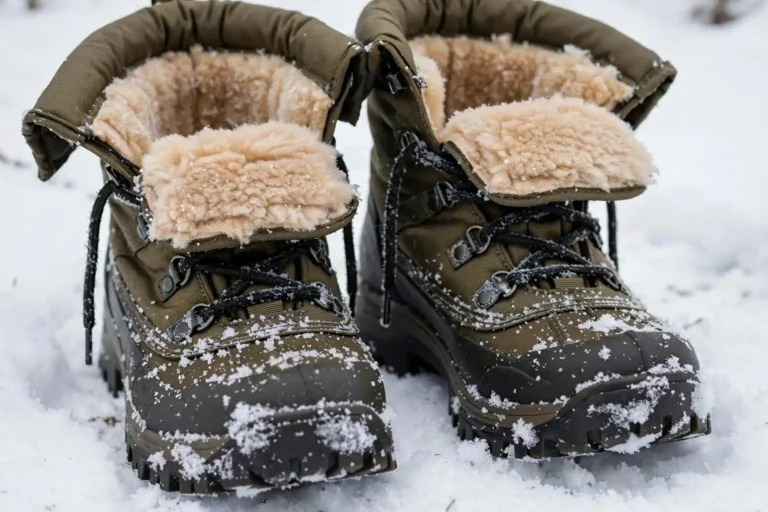 Insulated winter boots with thick treads standing in fresh snow