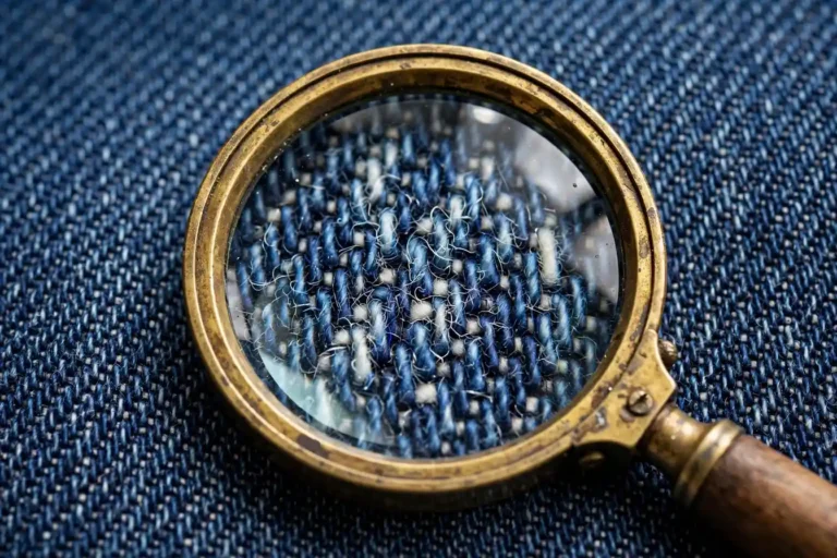 Macro close-up of indigo denim showing the diagonal twill weave