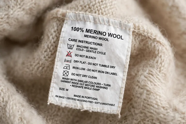 Close-up of a care label showing merino wool content
