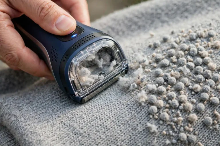 Electric fabric shaver removing pills from a wool sweater