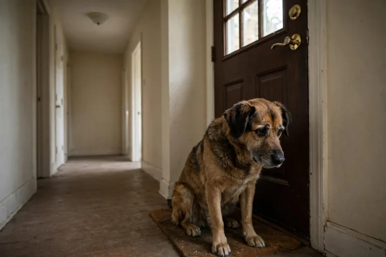 Worried dog sitting sadly by a front door when left alone