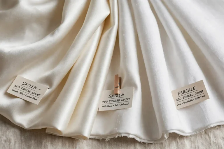 Bed sheets of different thread counts fanned out showing textures