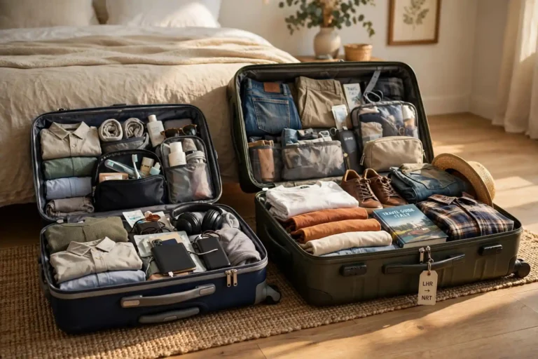 Open carry-on and checked suitcases packed for a long trip