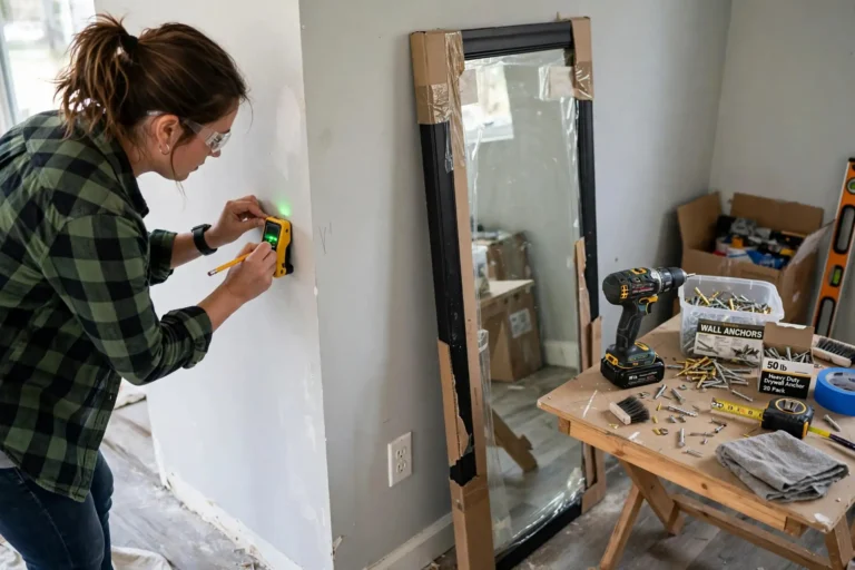 Person using a stud finder on a wall before hanging a heavy mirror