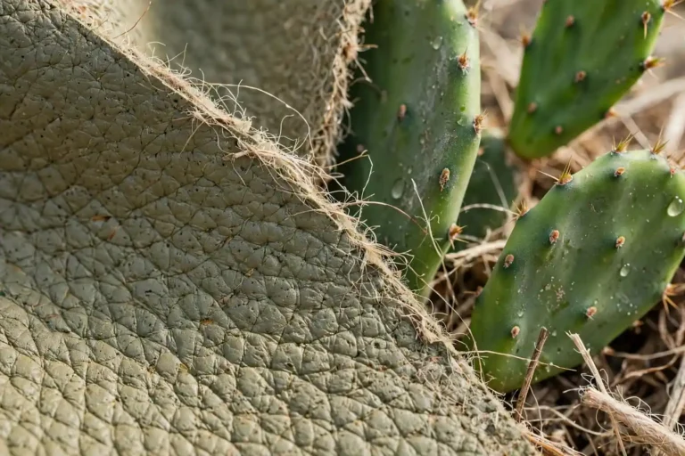Close-up of vegan leather texture with plant fibers beside it