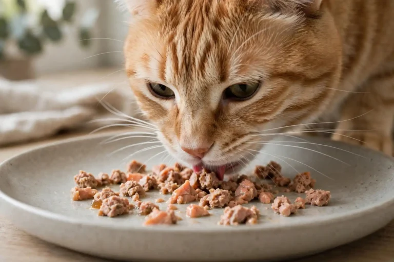 Cat eating from a wide shallow dish that keeps whiskers clear