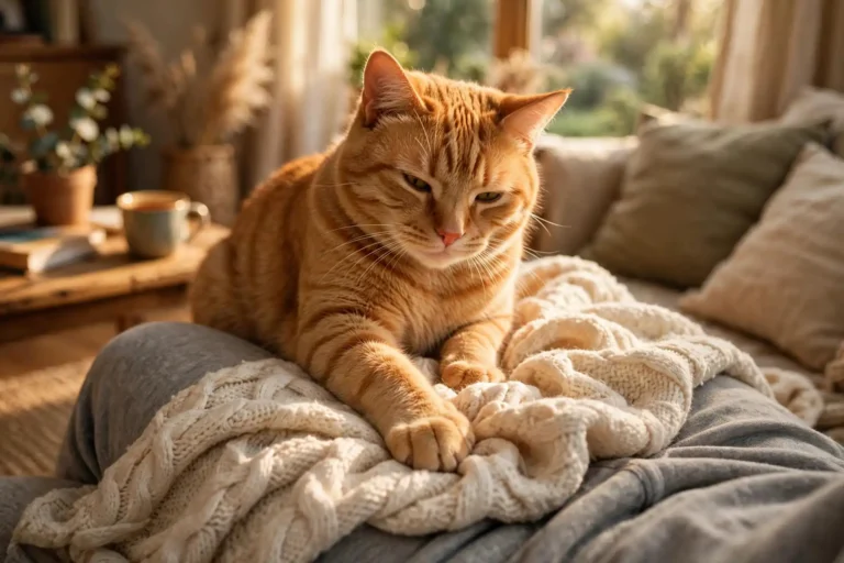 Orange cat kneading its paws on a soft blanket in a cozy living room