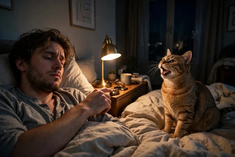 Cat meowing on a bed at night while owner turns on a lamp