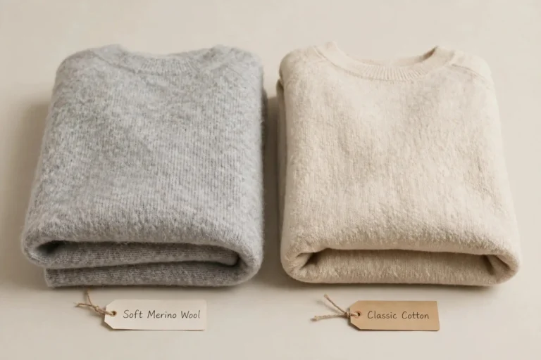 Folded merino wool and cotton sweaters side by side