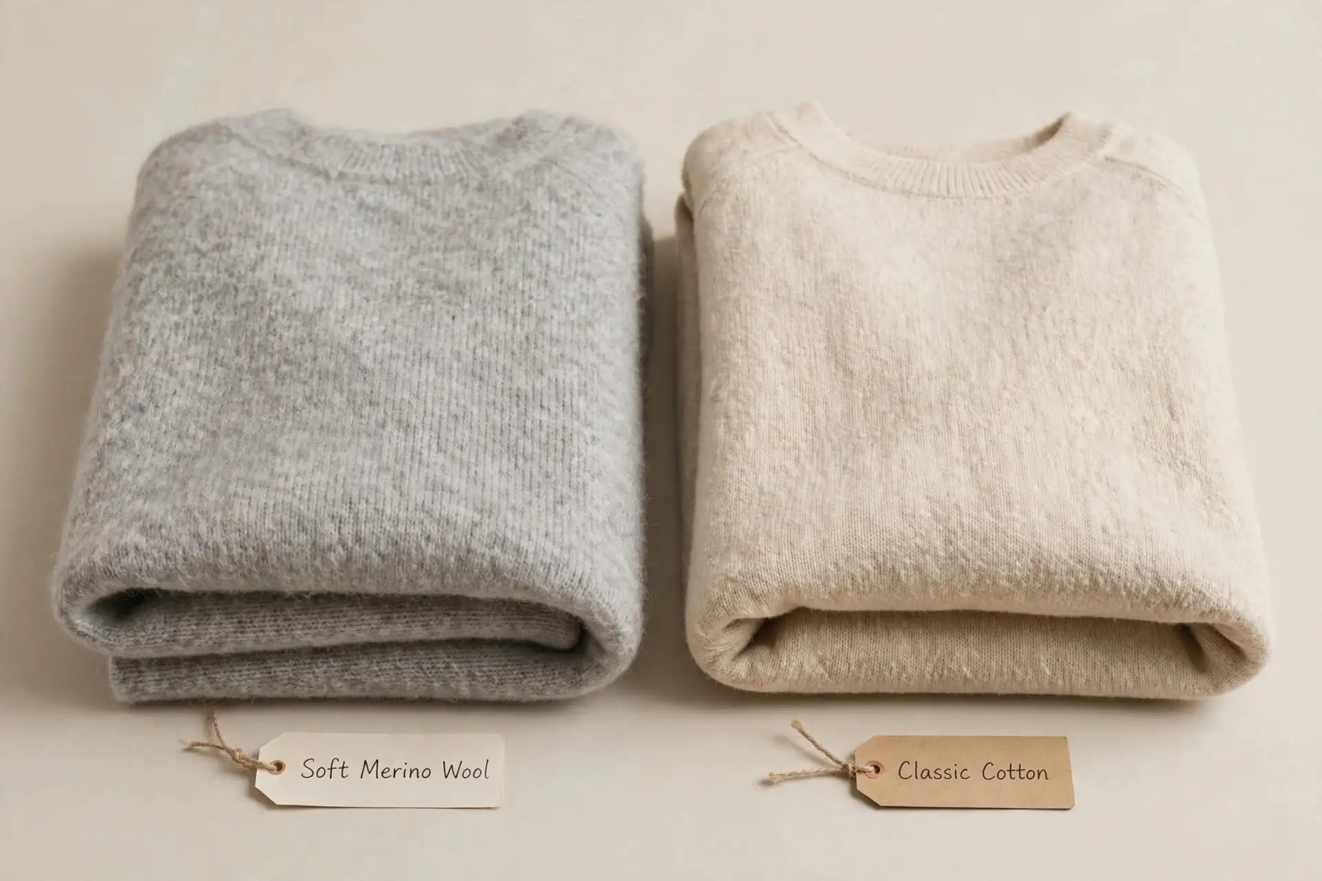 Folded merino wool and cotton sweaters side by side